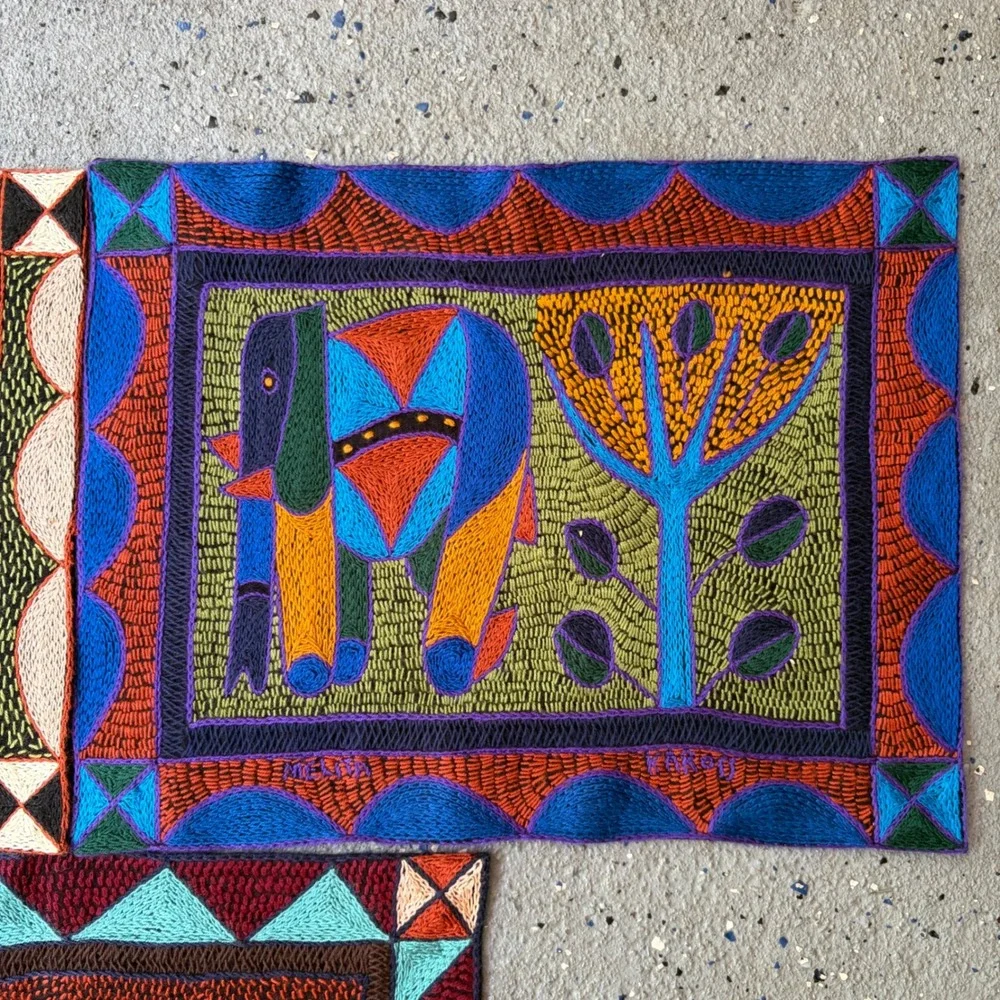 Kaross South Africa Hand Embroidered Shangaan Cloths Set of 3 Elephant Rhino Art